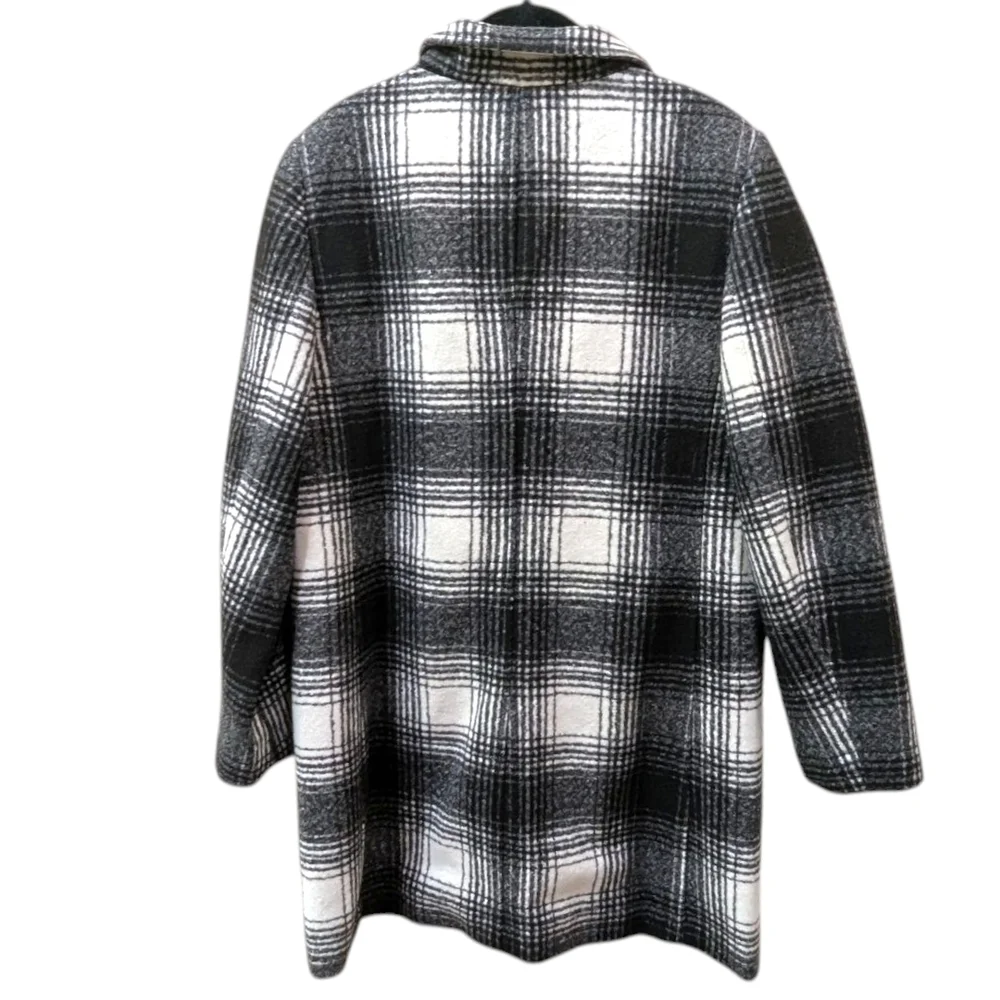 {FLAW} Lane Bryant Black and White Plaid Funnel Neck Pea Car Wool Blend Coat (M) - Picture 2 of 11